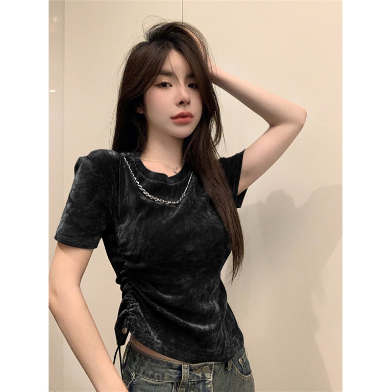 ◕▫☃Suhao kaos import wanita kaos wanita gaya korea lengan pendek kaos pendek perempuan lengan pendek t-shirt lengan pendek dengan kesan desain musim panas untuk wanita keinginan murni untuk gadis panas manis American retro drawstring short irregular top