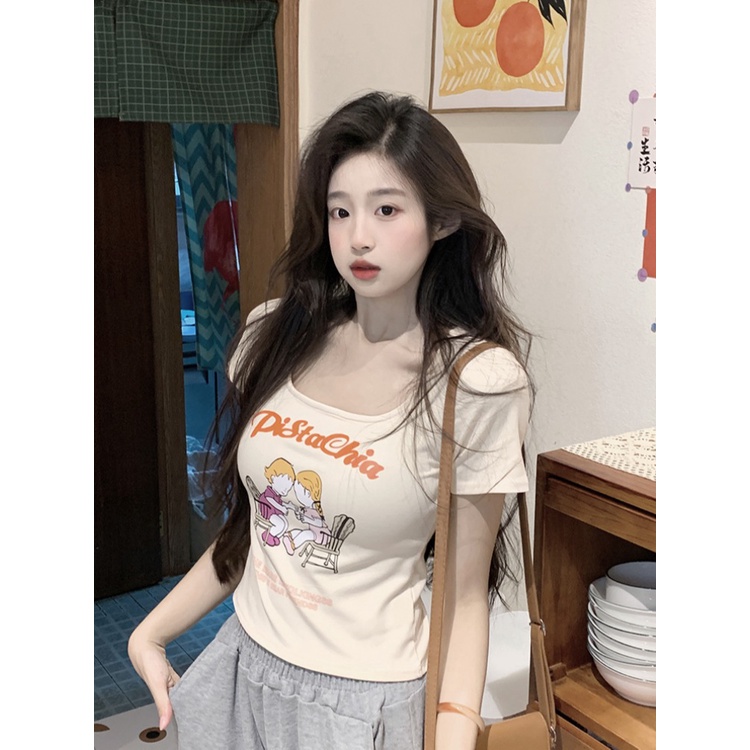 ✜Suhao kaos import wanita kaos wanita korean style lengan pendek kaos pendek perempuan Spice girl square collar large neckline front shoulder short-sleeve t-shirt women summer pure cotton high waist slim fit skinny short top