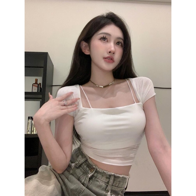 ☁❦⊕Suhao kaos import wanita kaos wanita korean style lengan pendek kaos pendek perempuan white square tie chest pad mesh kasa bahu depan short-sleeved t-shirt women s summer hot girl pure desire slim cropped crop top