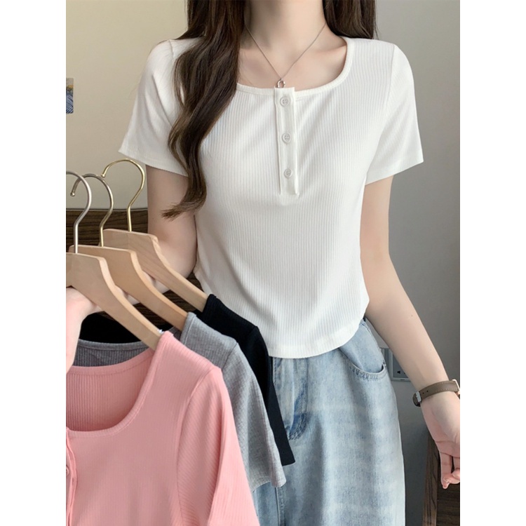 ❃Suhao kaos import wanita kaos wanita gaya korea lengan pendek kaos pendek perempuan white square collar short-sleeved t-shirt women s summer 2023 new design sense small high waist short sweet hot girl top