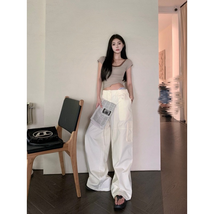 ☜Suhao kaos import wanita kaos wanita gaya korea lengan pendek kaos pendek perempuan hot girl pure desire u-neck front shoulder short-sleeve t-shirt women s summer summer short tight slim slim large neckline high-waisted top