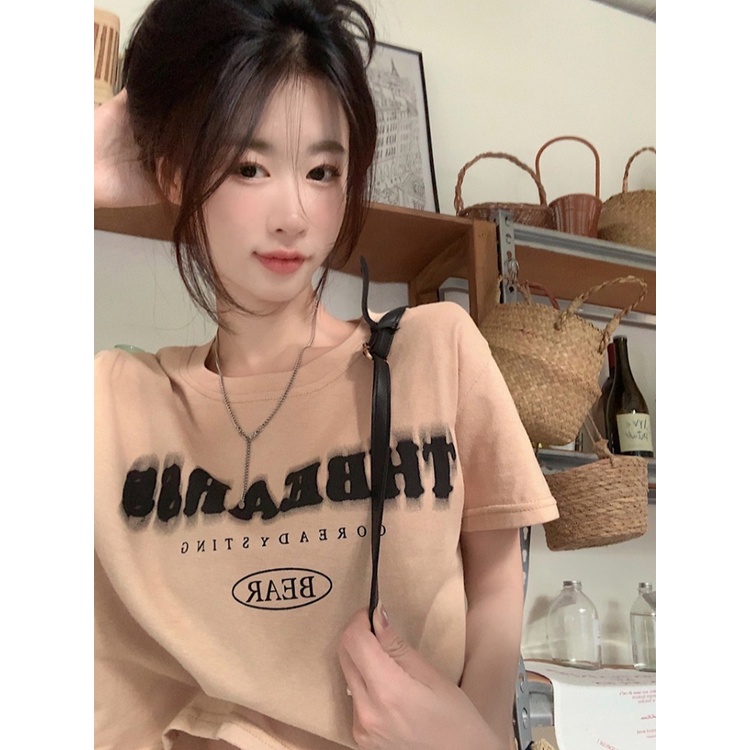 ◊✢Suhao kaos import wanita kaos wanita gaya korea lengan pendek kaos pendek perempuan letter printing pink cotton front shoulder short-sleeve t-shirt women summer loose slimming all-match short high waist top ins