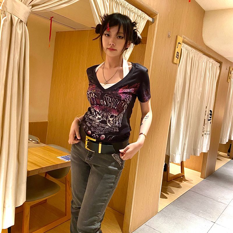 Red Gaya punk pencetakan retro hot girl v-neck lengan pendek T-shirt wanita musim panas gaya baru pakaian luar longgar dan tipis pendek top pasang