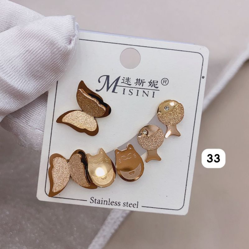 Anting Titanium asli 1 kap  isi 3set A033 Kilau mirip emas asli Premium Quality Anti karat anti alergi Stainless steel ori