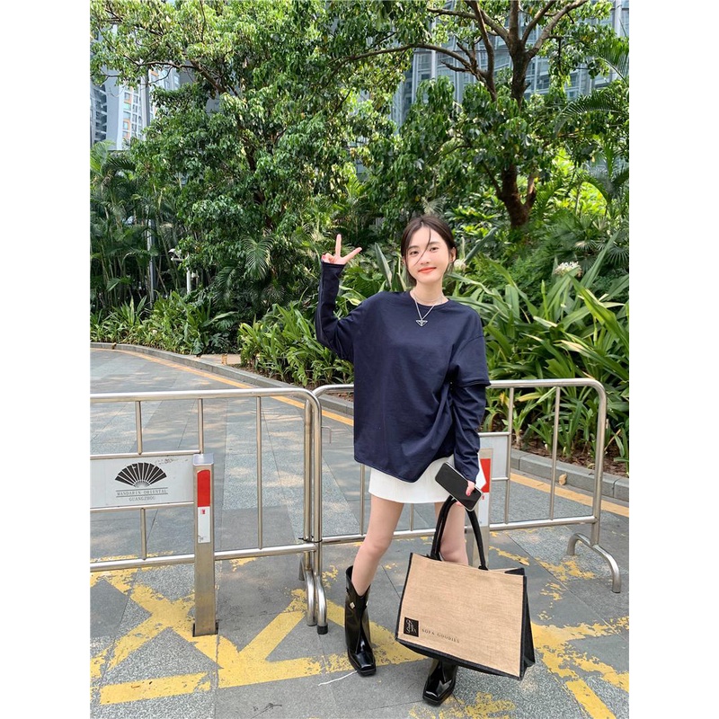 08#Tembakan Nyata Hemat Biaya Merasa Longgar Dua Buah Palsu Berjumbai Lengan PanjangTT-shirt