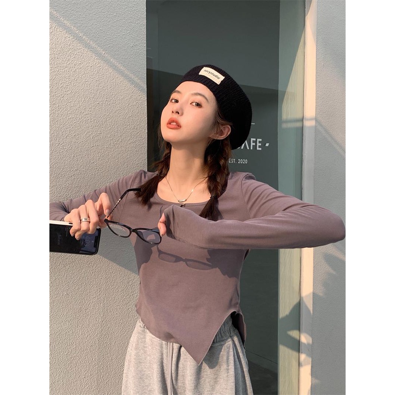 08#Tembakan Nyata Hemat Biaya Lengan Panjang Hem AsimetrisTT-shirt