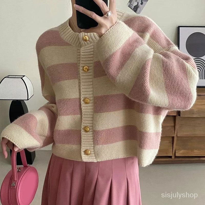 [✅BISA COD] #Sisjuly# Sweater wanita / sweter logam leher bulat vintage berdada tunggal / kardigan j