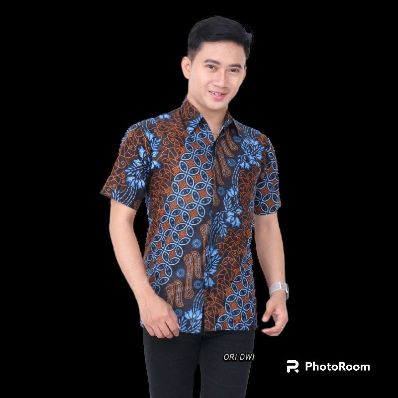 Batik Pria Lengan Pendek BATIK AZMIL HRB026 motif KERATONAN Kode 002 size M L XL XXL Reguler