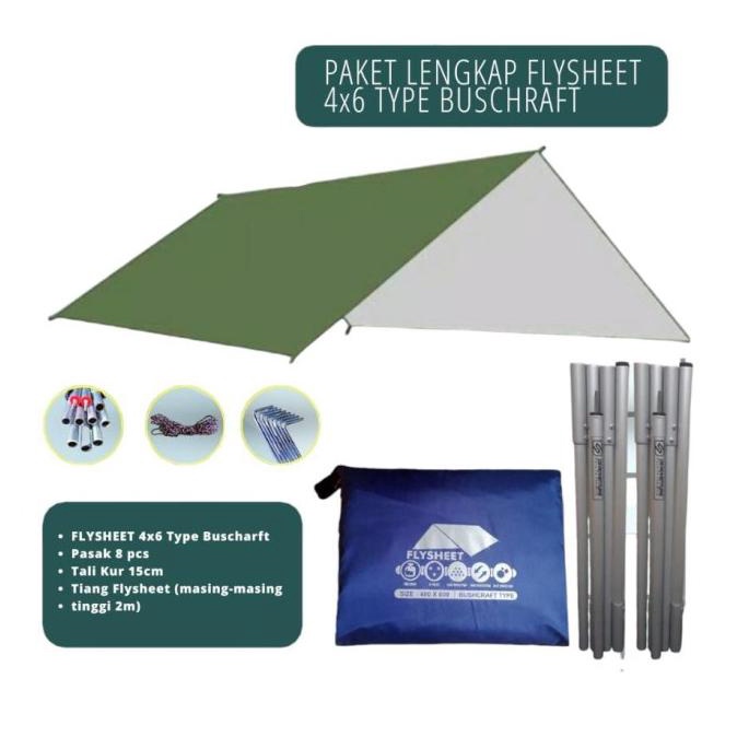 Paket flysheet 4x6 full set + pasak + tali + tiang flysheet bushcraft