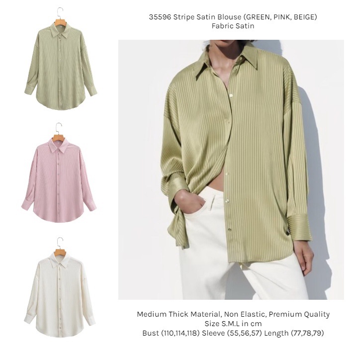 35596 Kemeja Wanita Blouse Lengan Panjang Stripe Satin Blouse