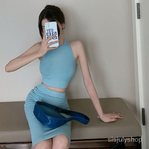 [✅BISA COD] #Sisjuly# Busana wanita setelan dua potong / rompi ramping + rok pinggul berpinggang tin