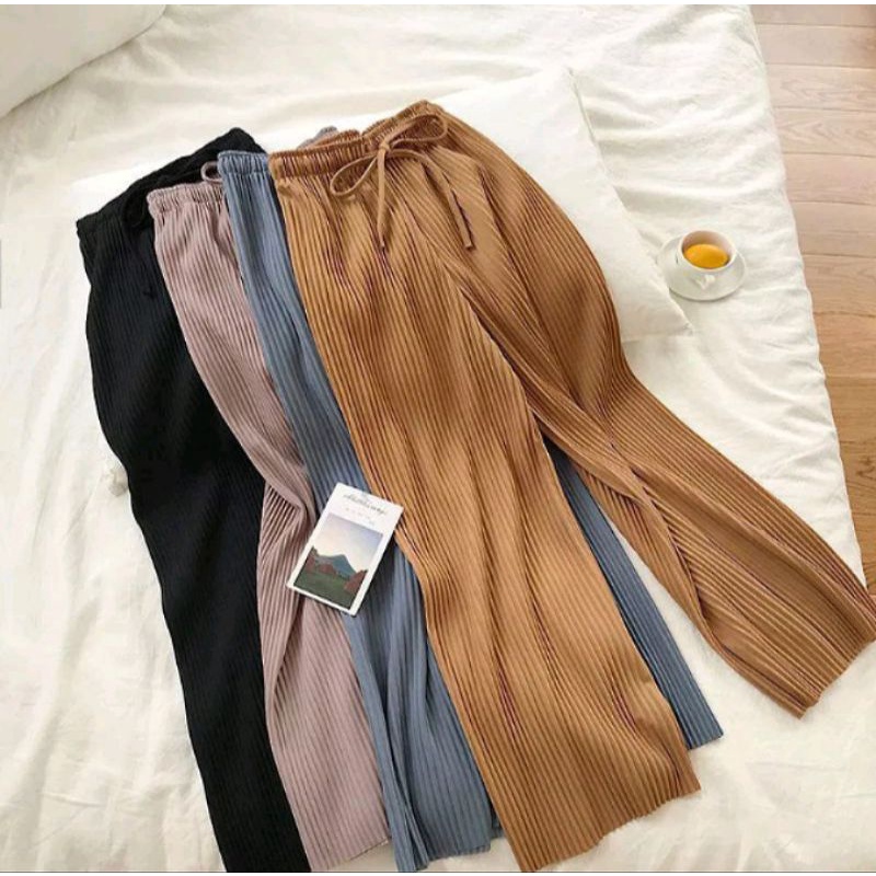 Celana Kulot Plisket Lidi Tali Pinggang Bahan Hyget Termurah