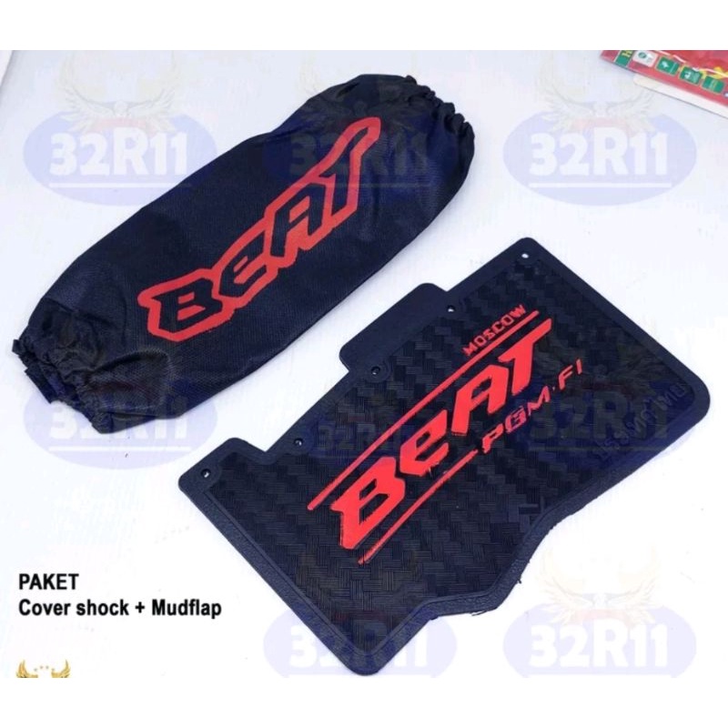 Paket hemat Merah Mudflap Honda beat fi karbon penahan lumpur + sarung shock belakang beat