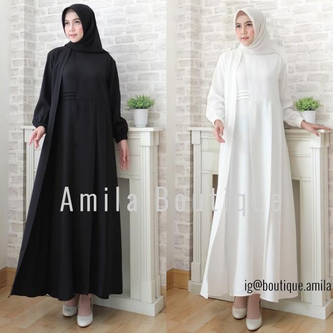 Baju Gamis Wanita Hitam Putih Polos/ Dress Muslim Alena Lengan Panjang