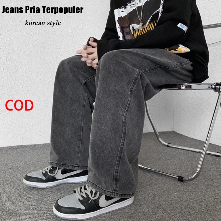 CHEKOUT Celana hitam pria korean style loose pants jeans