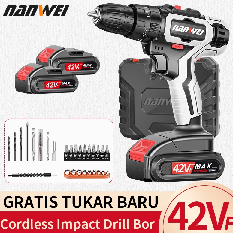 READY NANWEI - 【gratis tukar baru】Bor Listrik Bor Tanpa kabel 42V Set Lengkap Mata Bor Cordless Dril