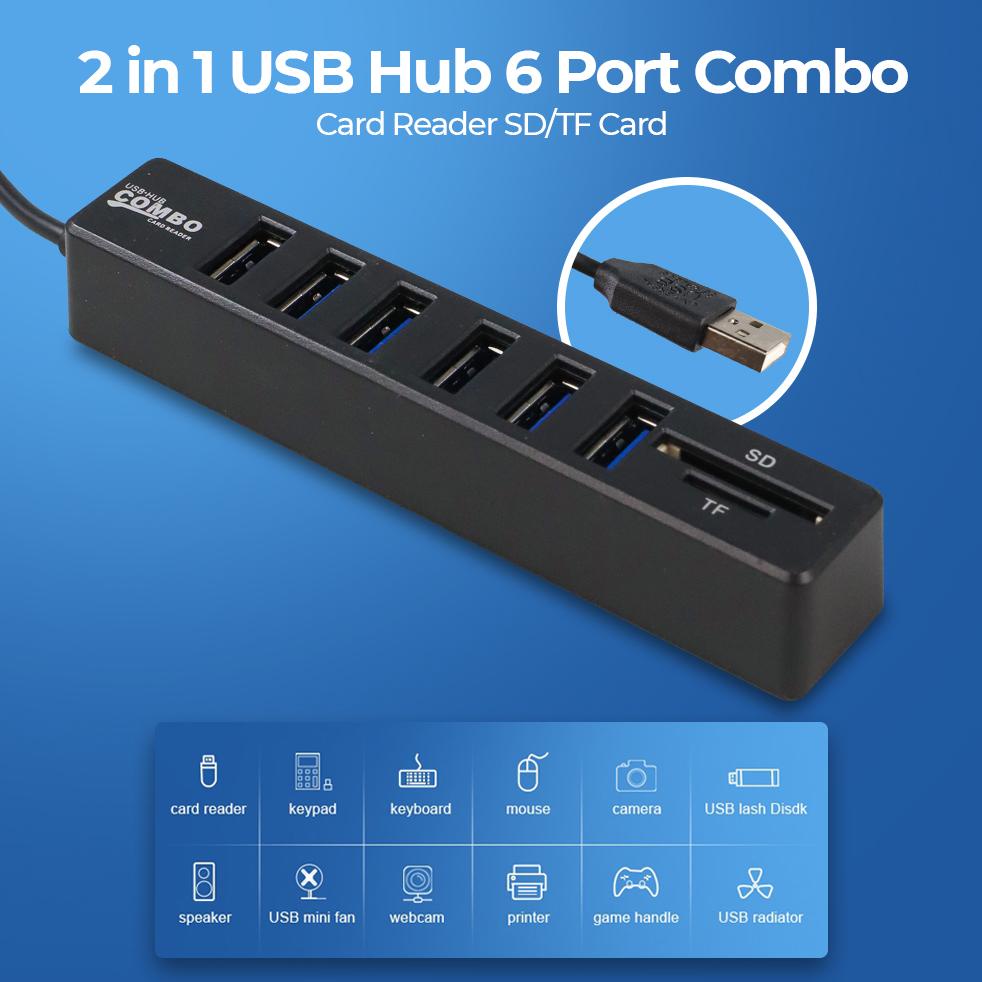 Terbaru 2 In 1 Card Reader + Usb 6 Port Hub Sdcard Charger 6Port Combo Cardreader Mouse Keyboard Col