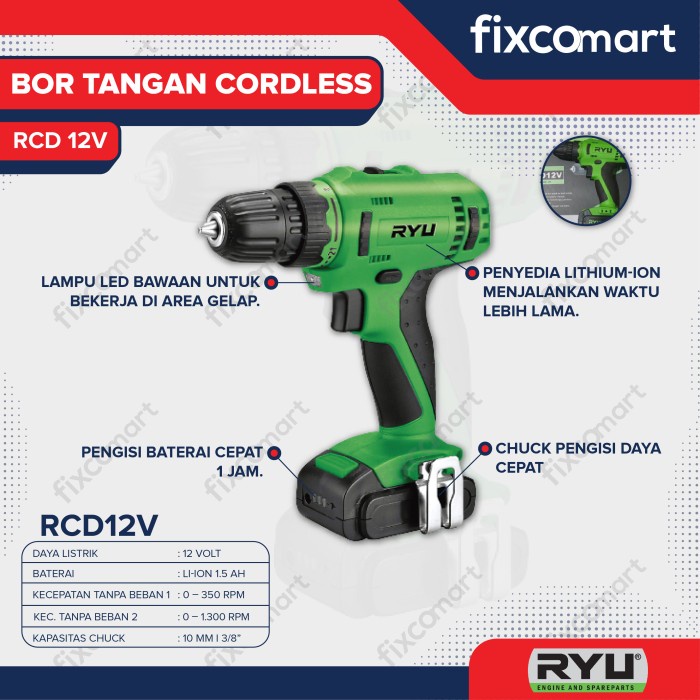 Terlaris Ryu Mesin Bor Tangan Cordless Rcd 12V / Mesin Bor Baterai Portable
