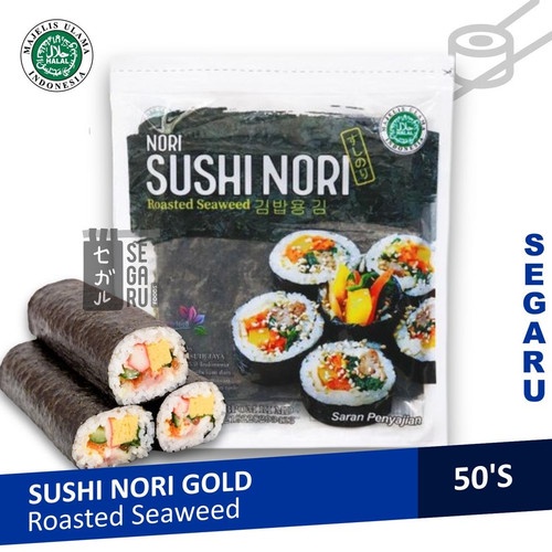 

Sushi Nori Sheet Gold Sheet 50 lembar | Sushi Roasted Rumput Laut Halal MUI isi 50 lembar