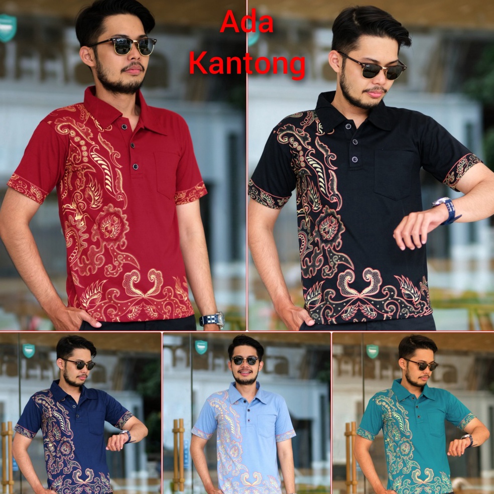 RED SKULL Kaos Kerah Polo Katun Batik Daun Solo Ada Kantong 706ud