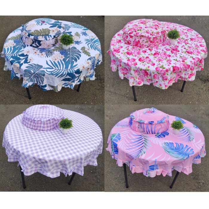 Taplak Meja Makan Bulat 4 Kursi Rempel / Rumbai + Tudung Saji Bulat