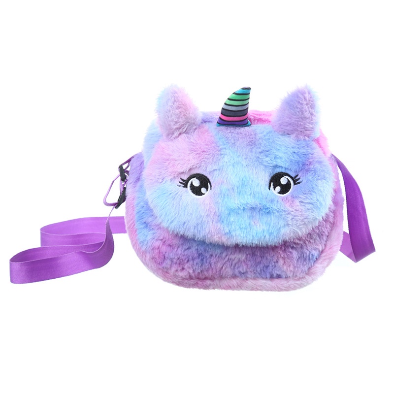 Holiven Tas Anak Unicorn Bulu Warna Ungu Pink Biru / Tas Selempang Anak Gradasi