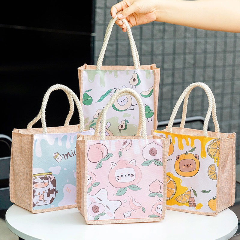 Holiven Tas Kain Berkapasitas Besar- Tas Jinjing dengan Tas Rami Imitasi Kartun Beras