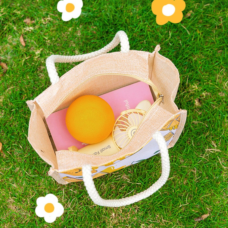 Holiven Tas Kain Berkapasitas Besar- Tas Jinjing dengan Tas Rami Imitasi Kartun Beras