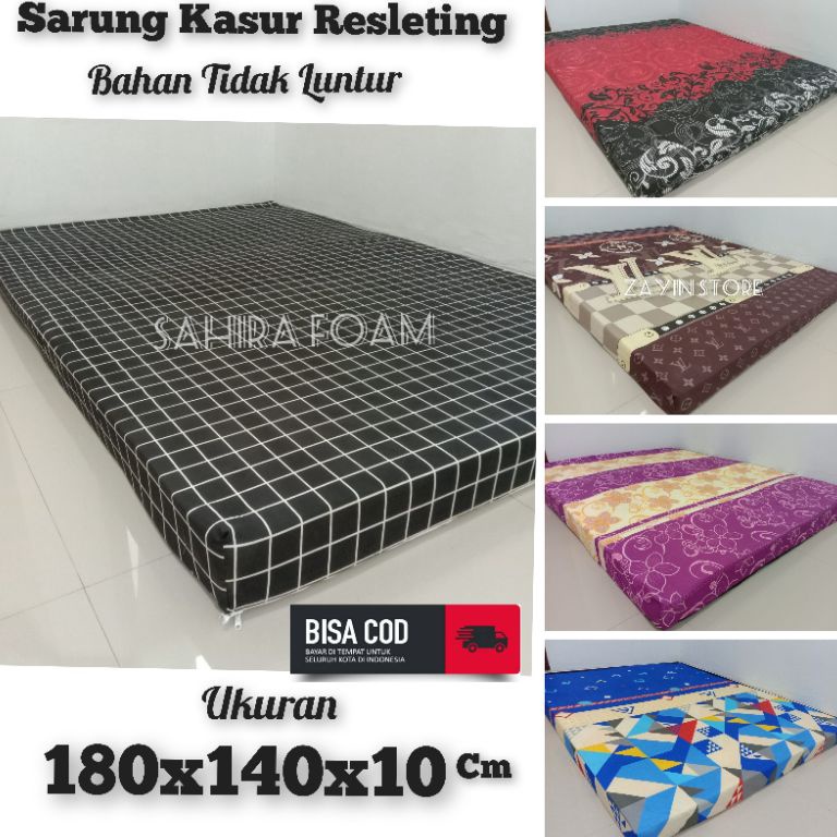 TERMURAH Sarung Kasur Resleting Uk 180x140x10/ 180x90x10 Cm. Bahan Lembut & Tidak Luntur (Sprei Slet