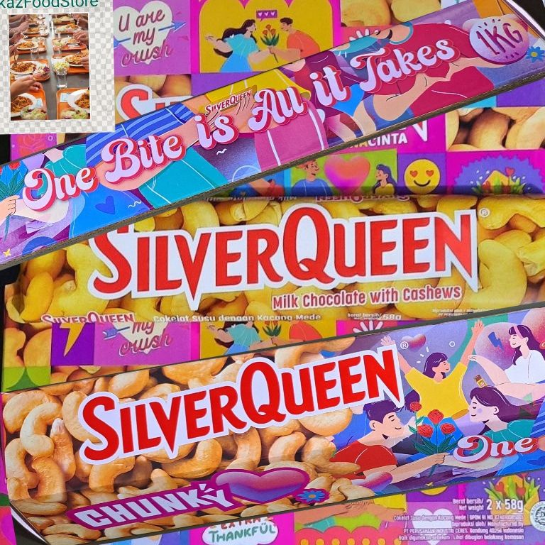 

4.4 HARGA GROSIR Silver Queen Cashew 58gr coklat Silverqueen mete, Edisi Valentine mede, Silverqueen Chunky Bar 95gr/1kg