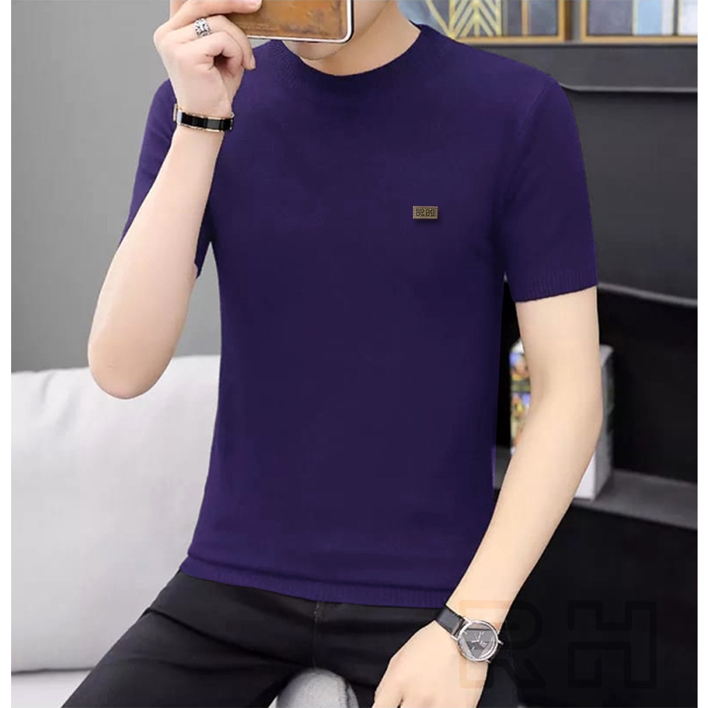 RH - Baju Rajut Turtleneck kerah tinggi lengan pendek slim fit kaos rajutan santai