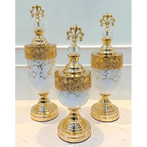 Octanita_Id- Toples Kristal Turki Gold White Set 3 Import/ Pajangan Toples Kristal