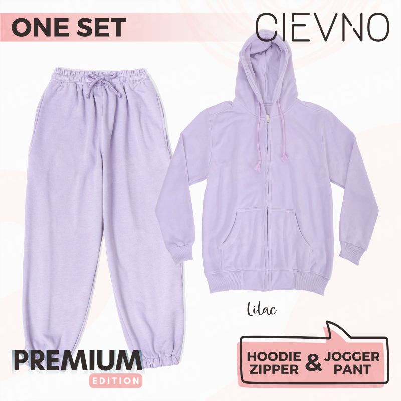 ONE SET HOODIE ZIPPER + CELANA JOGGER PREMIUM LILAC (PRIA&amp;WANITA)