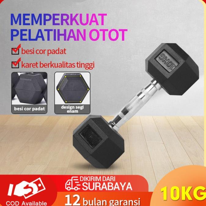 *:*:*:*:*] 10Kg Hex Rubber Dumbell Hitam /Dumbell Karet Hexagonal /Barbel Karet