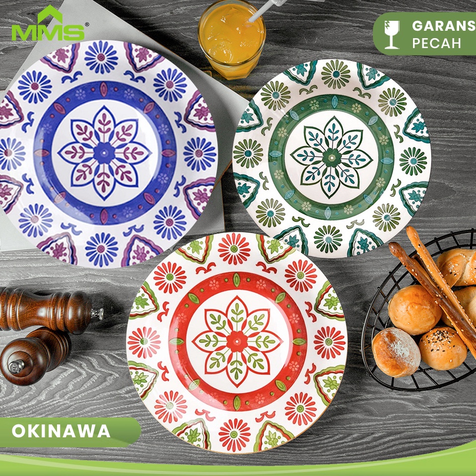uwup -26 Piring Makan Bulat Keramik Motif Okinawa 8 Inch 9 Inch Whiteline MMS VD8