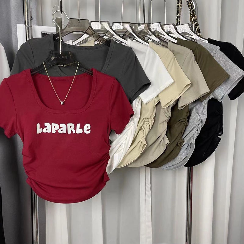 Red Katun Murni Amerika Gadis Panas U-Leher Tiga Dimensi Cetak Huruf Keinginan Murni T-shirt Wanita Musim Panas Lipatan Slim Pinggang Tinggi pendek Top Pasang