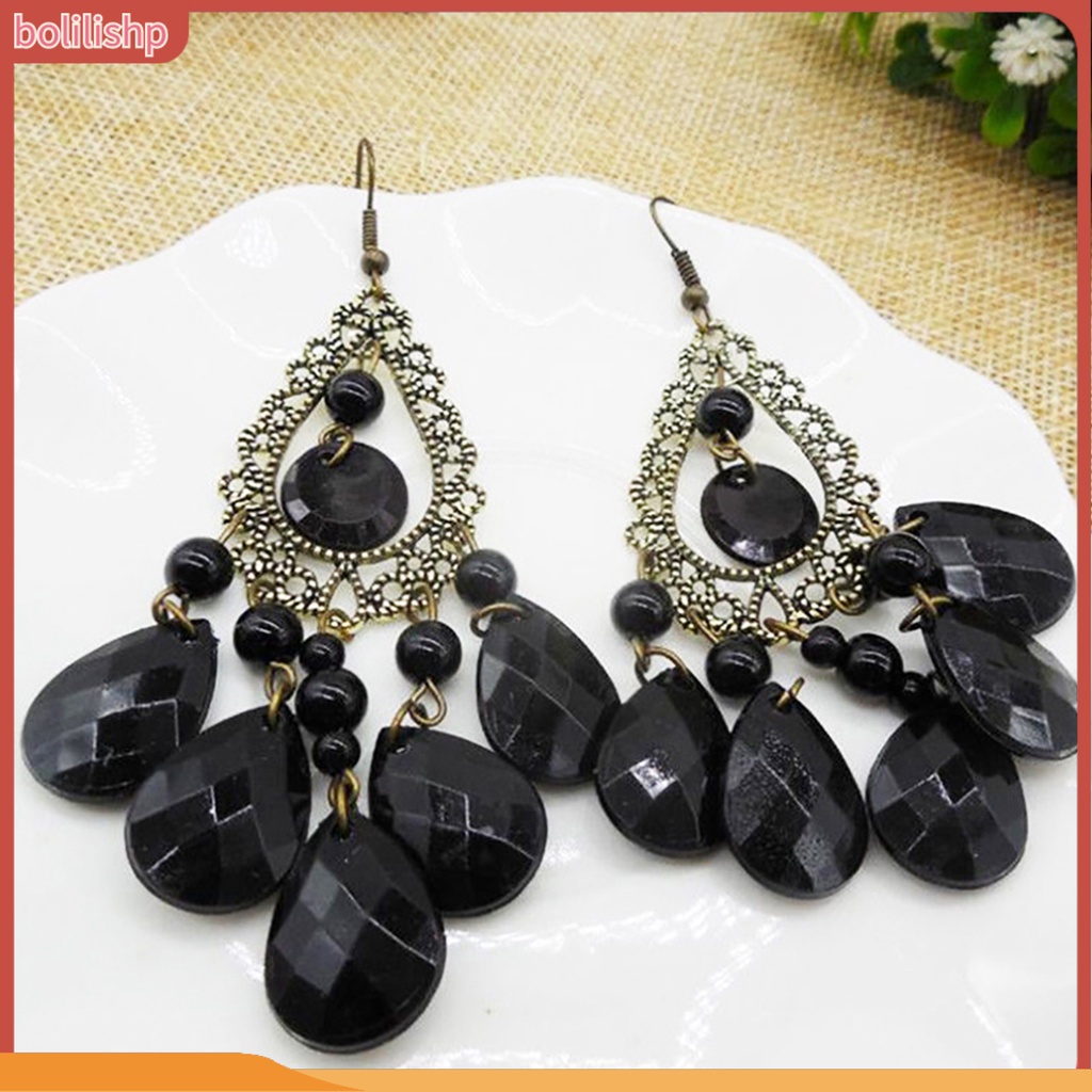 &lt;Bolilishp&gt; 1 Pasang Anting Gantung Panjang Kait Bentuk Tetes Air Aksen Hollow Untuk Perhiasan Wanita