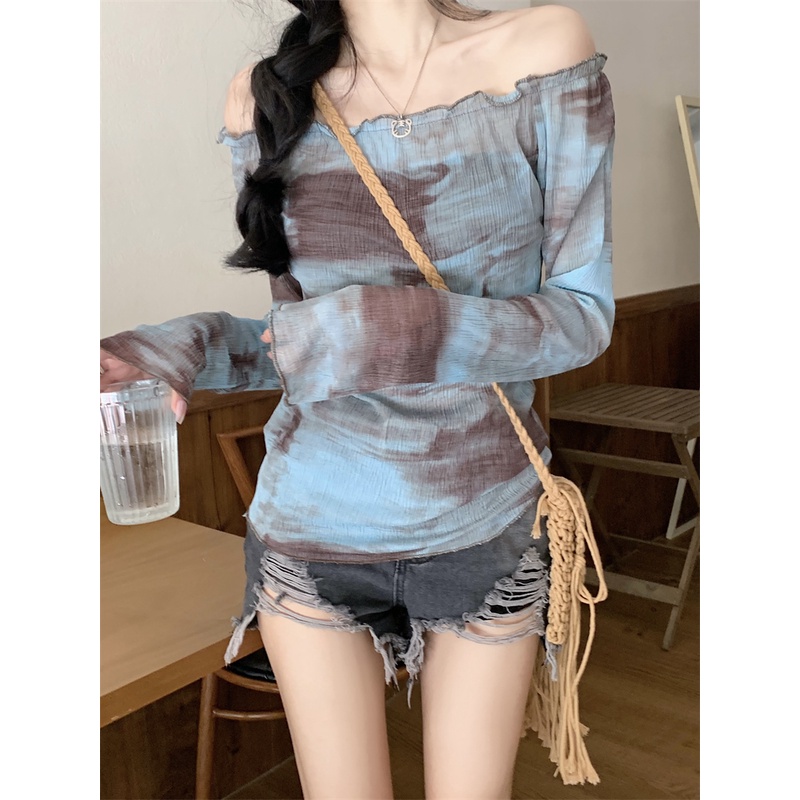 Red Hong Kong gaya satu bahu tie-dye T-shirt lengan panjang wanita musim panas keinginan murni budidaya diri seksi tipis kecil hot girl atasan tabir surya