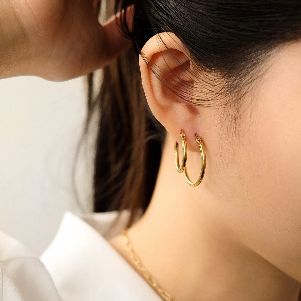 Minimal Petite Hoops Earrings — 18K Rose Gold Plated Silver Stainless Steel Anting Hoop Anti Karat [