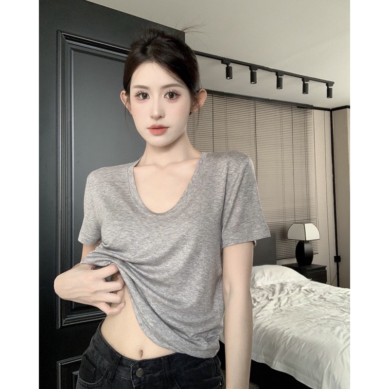 Red Bagian Tipis Leher U Lengan Pendek Atasan Wanita Musim Panas 2023 Baru All-Match Murni Keinginan Slim Merah Muda kasual T-shirt