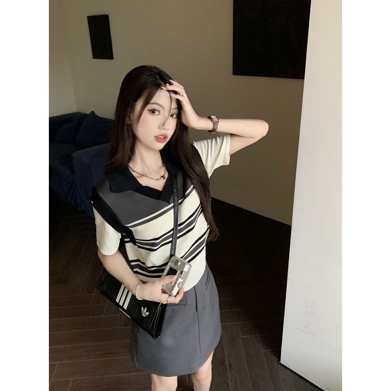 Red Fashion wanita musim panas baru pelangsing palsu dua potong kerah polo sweater top setengah panjang rok pendek set dua potong