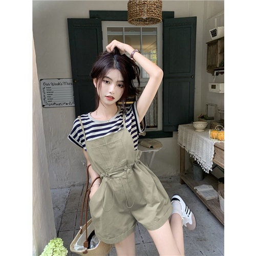 Red Kontras Warna Bergaris Lengan Pendek T-shirt Wanita Musim Panas Kecil Mengurangi Usia Overall Celana Pendek Keriting Dua Potong Set