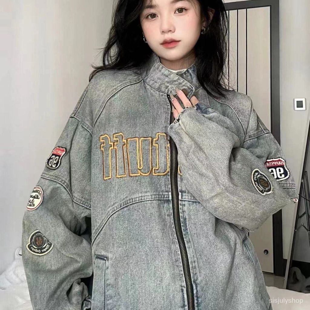 [✅BISA COD] #Sisjuly# Jaket denim wanita / jaket biker vintage Amerika / jaket longgar bersulam baru