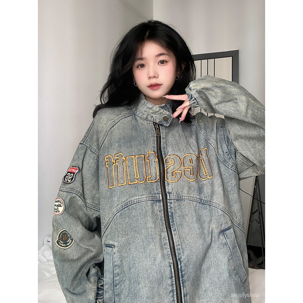 [✅BISA COD] #Sisjuly# Jaket denim wanita / jaket biker vintage Amerika / jaket longgar bersulam baru