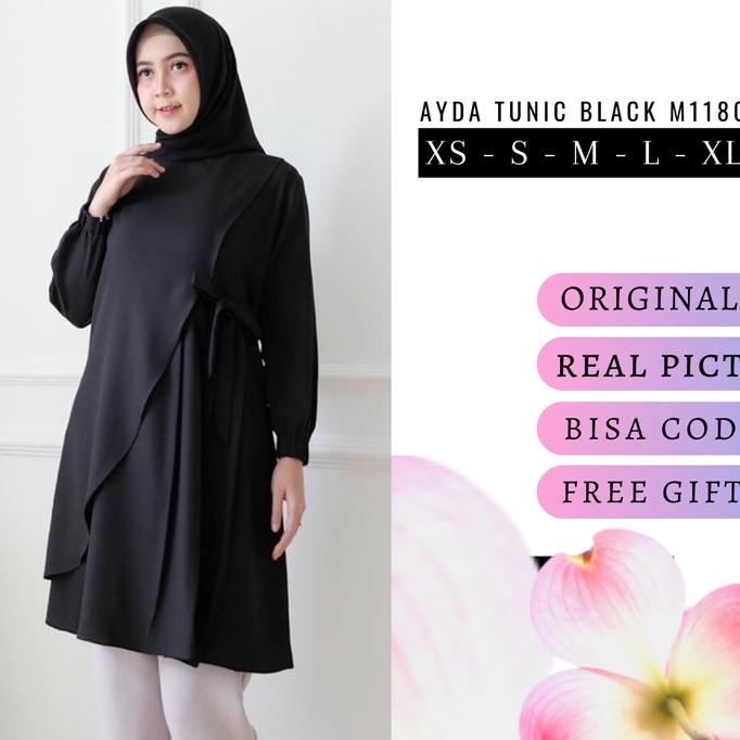 Tunik wanita muslim tunic hitam polos XS / S / M / L / XL AYDA M1180
