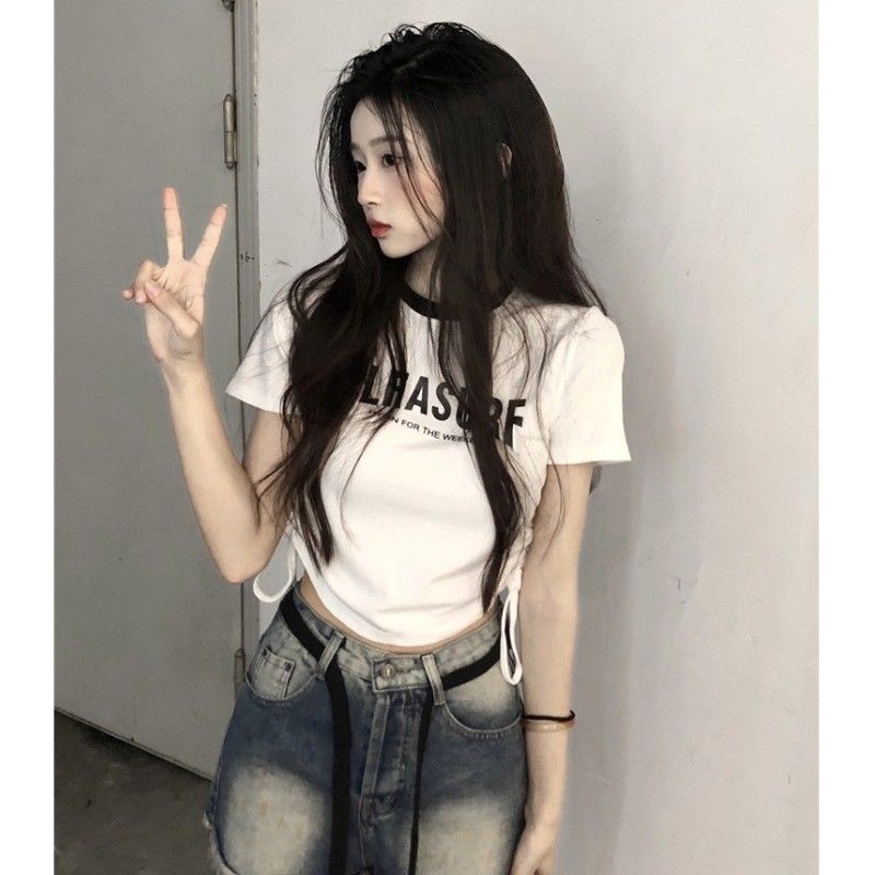 Red Cetak Huruf Putih Lengan Pendek T-shirt Wanita Musim Panas Rasa Desain Tali Serut Lipit Slim-Fit Pendek Pinggang Tinggi hot Girl Top