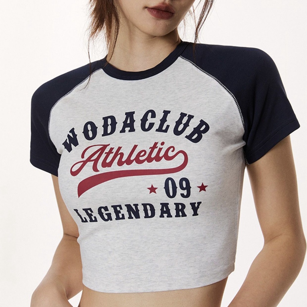 Red WODA KLUB American retro hot girl style surat ketat T-shirt pendek wanita slim raglan lengan pendek pusar top