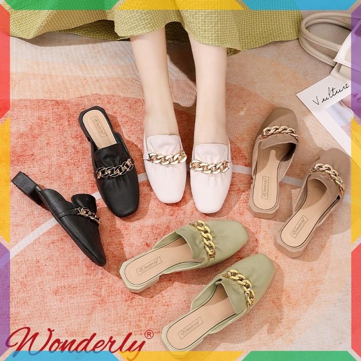 QAL376 1301-2 SEPATU SANDAL SLOP WANITA WONDERLY TALI RANTAI SEPATU SELOP MULES CEWEK KARET EMPUK GL