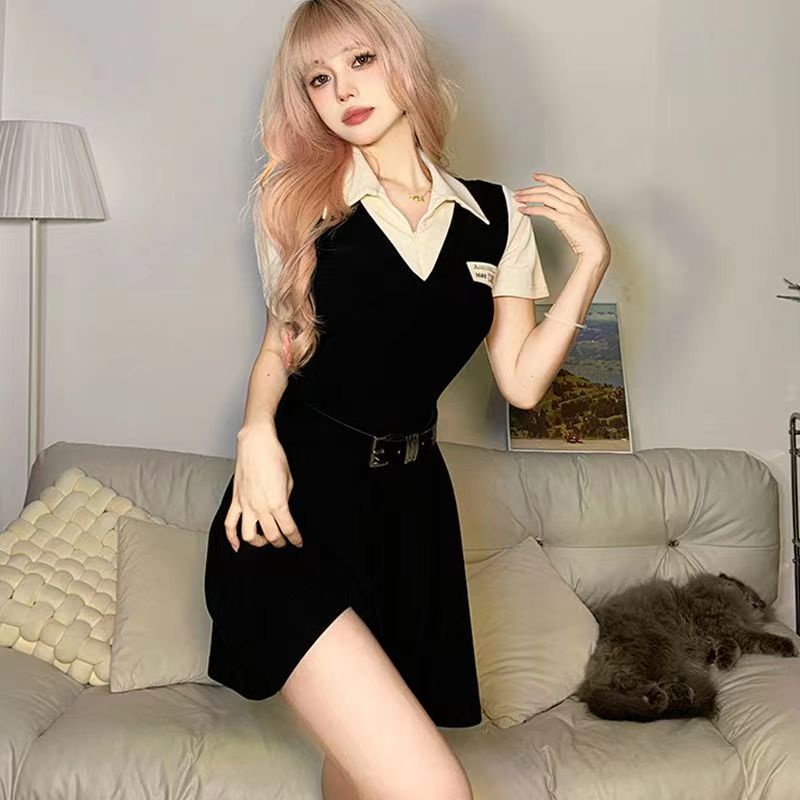 Red Musim Panas Gaya Amerika Rapi Polo Kerah Palsu Gaun Dua Potong Wanita All-Match Splicing Pinggang Tinggi Rok Pendek A-line Tide