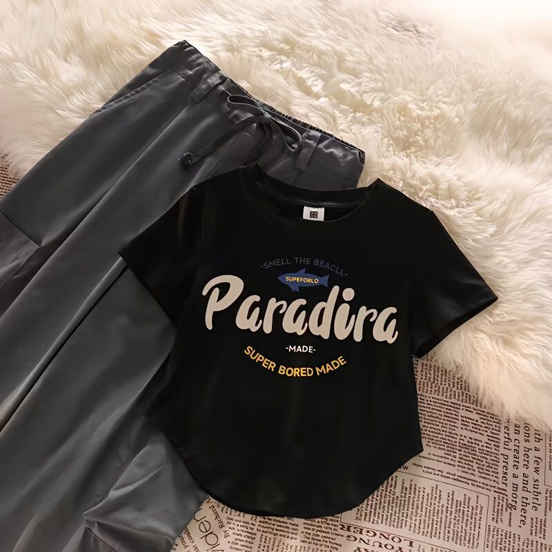 Red American Retro Katun Murni Bahu Depan Lengan Pendek T-shirt Wanita Musim Panas In Rasa Desain Niche Bagian Dalam Jaket Slim Fit Kemeja